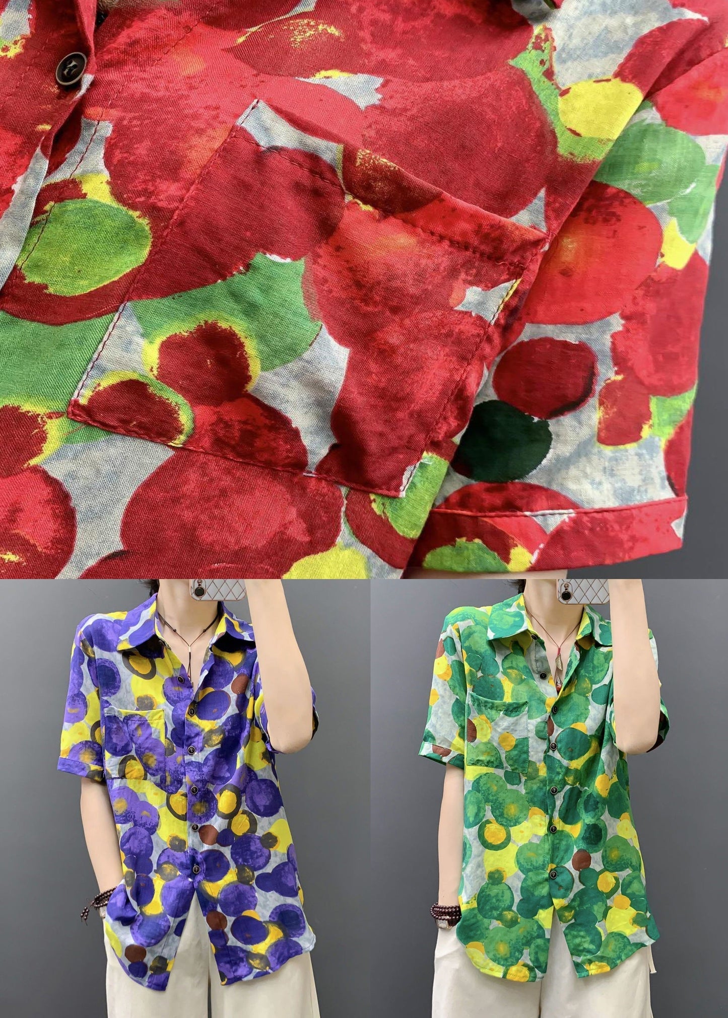 Green Print Pockets Cotton Blouse Peter Pan Collar Short Sleeve Au1040