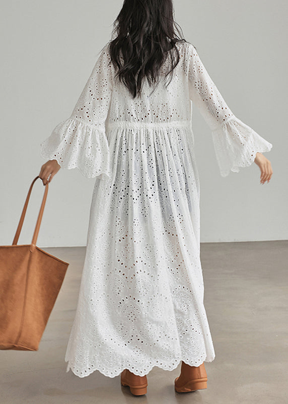 Loose White V Neck Patchwork Hollow Out Cardigans Flare Sleeve Uu1043