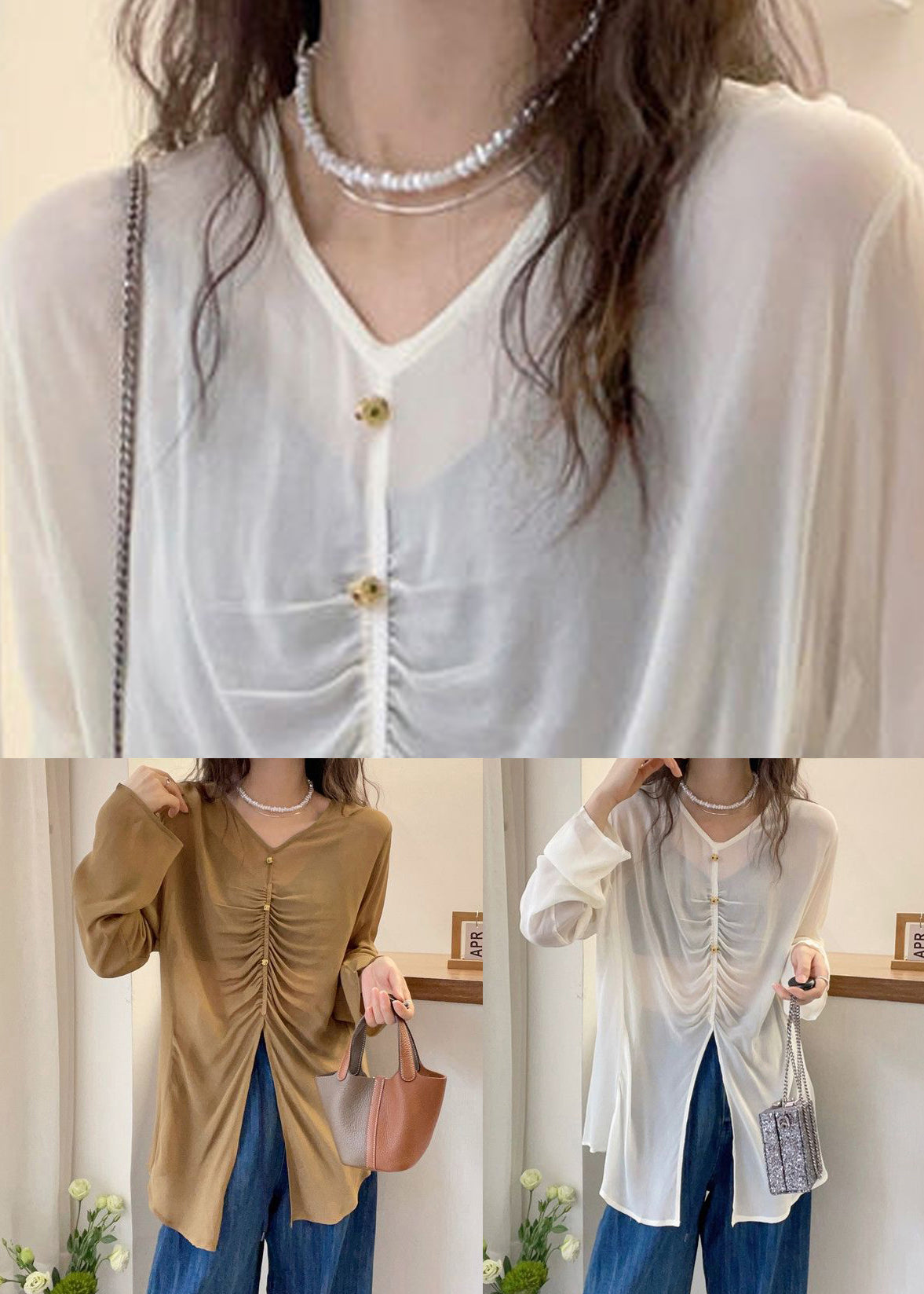 Khaki Front Open Cotton Fall Blouses V Neck Qf056
