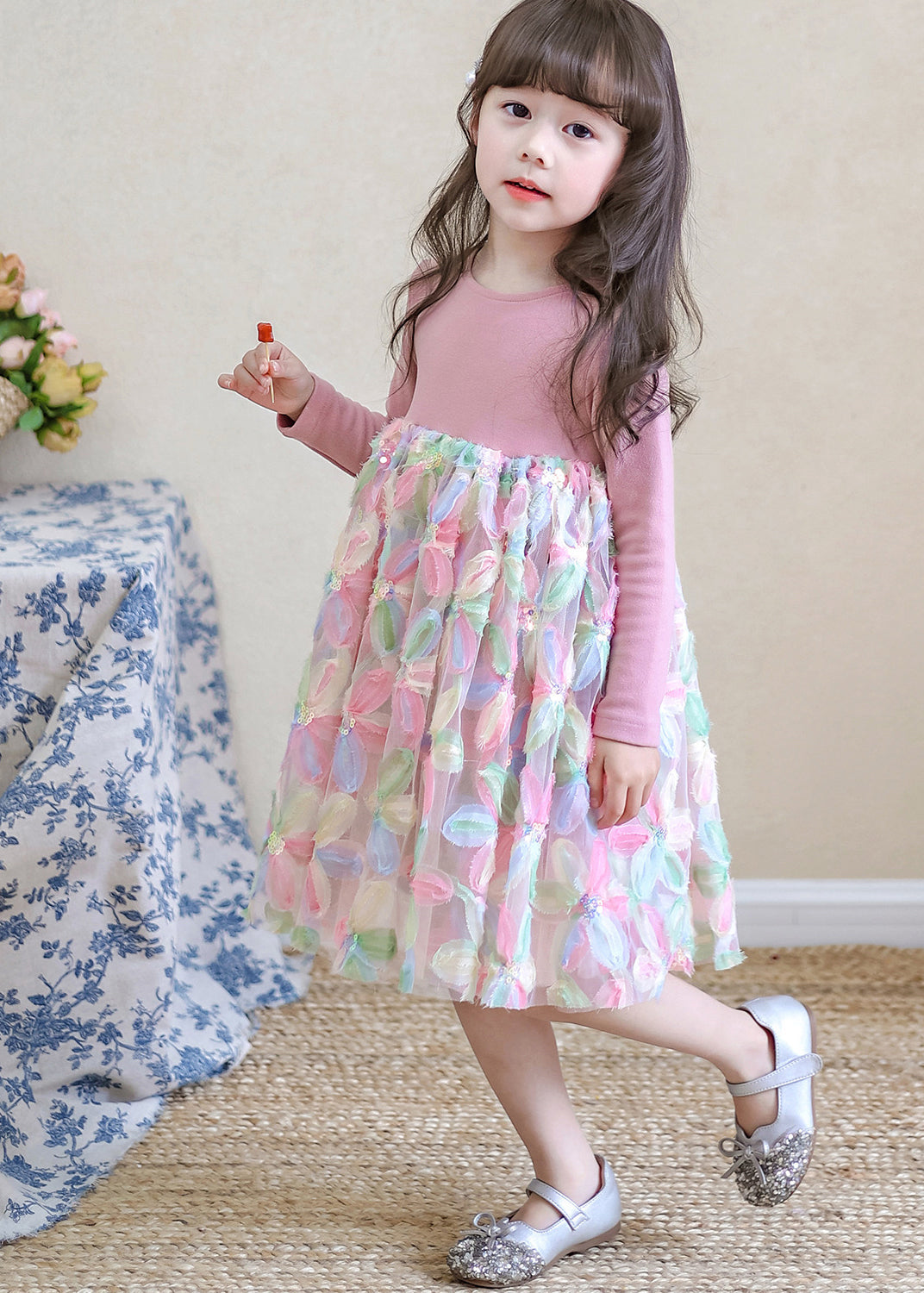 Pink O-neck Print Tulle Long Dresses Spring Tv033