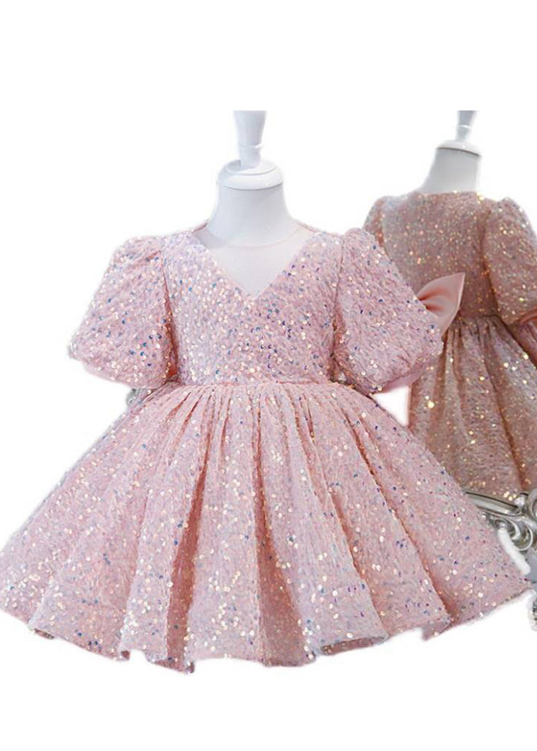 Pink Sequins Tulle Long Dress Lantern Sleeve Ys024