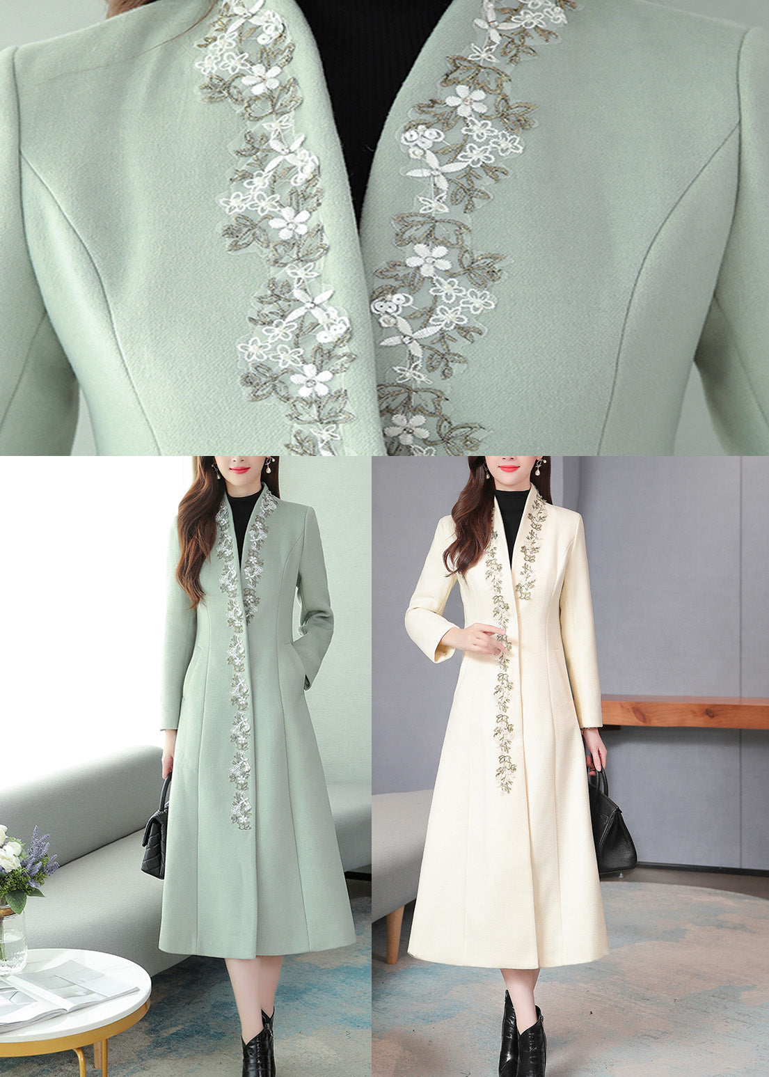 Mint Green Embroideried Woolen Maxi Trench Coat Long Sleeve Ly1714