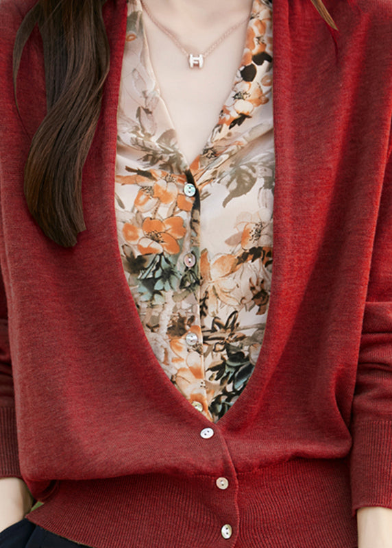 Modern Pink V Neck Print Fake Two Pieces Knit Cardigans Spring Te038