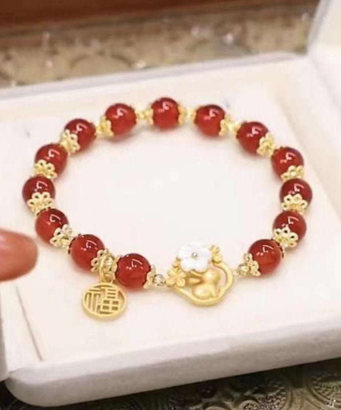 Modern Red Sterling Silver Inlaid Agate Jade Rabbit Chain Bracelet