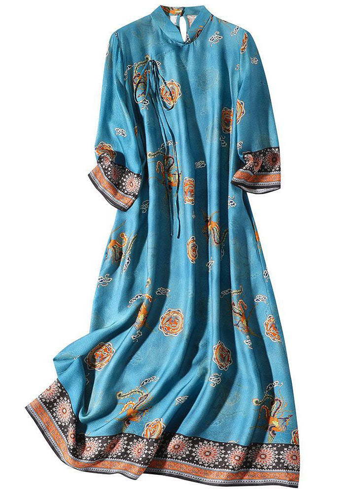 Natural Blue Mandarin Collar Print Silk Long Dress Bracelet Sleeve Fr2015