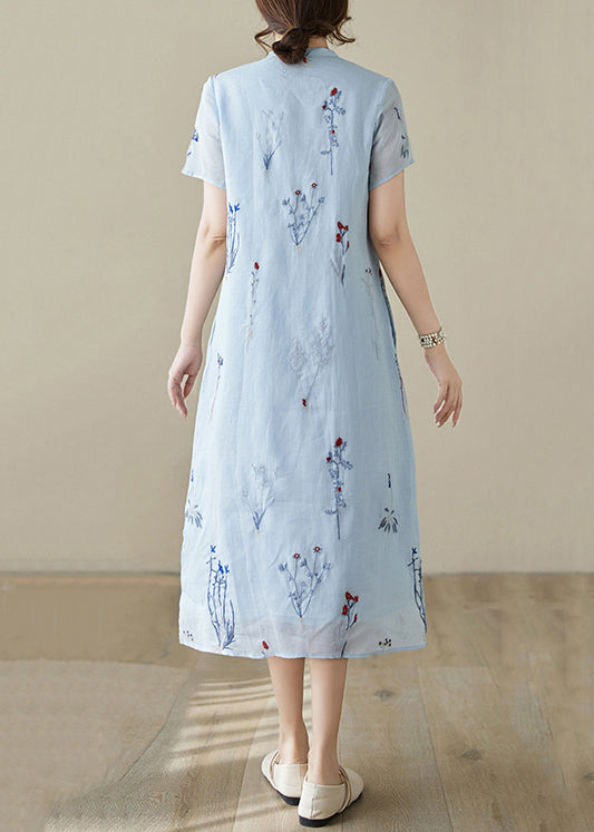 New Blue Print Pockets Linen Long Dress Summer Jh066