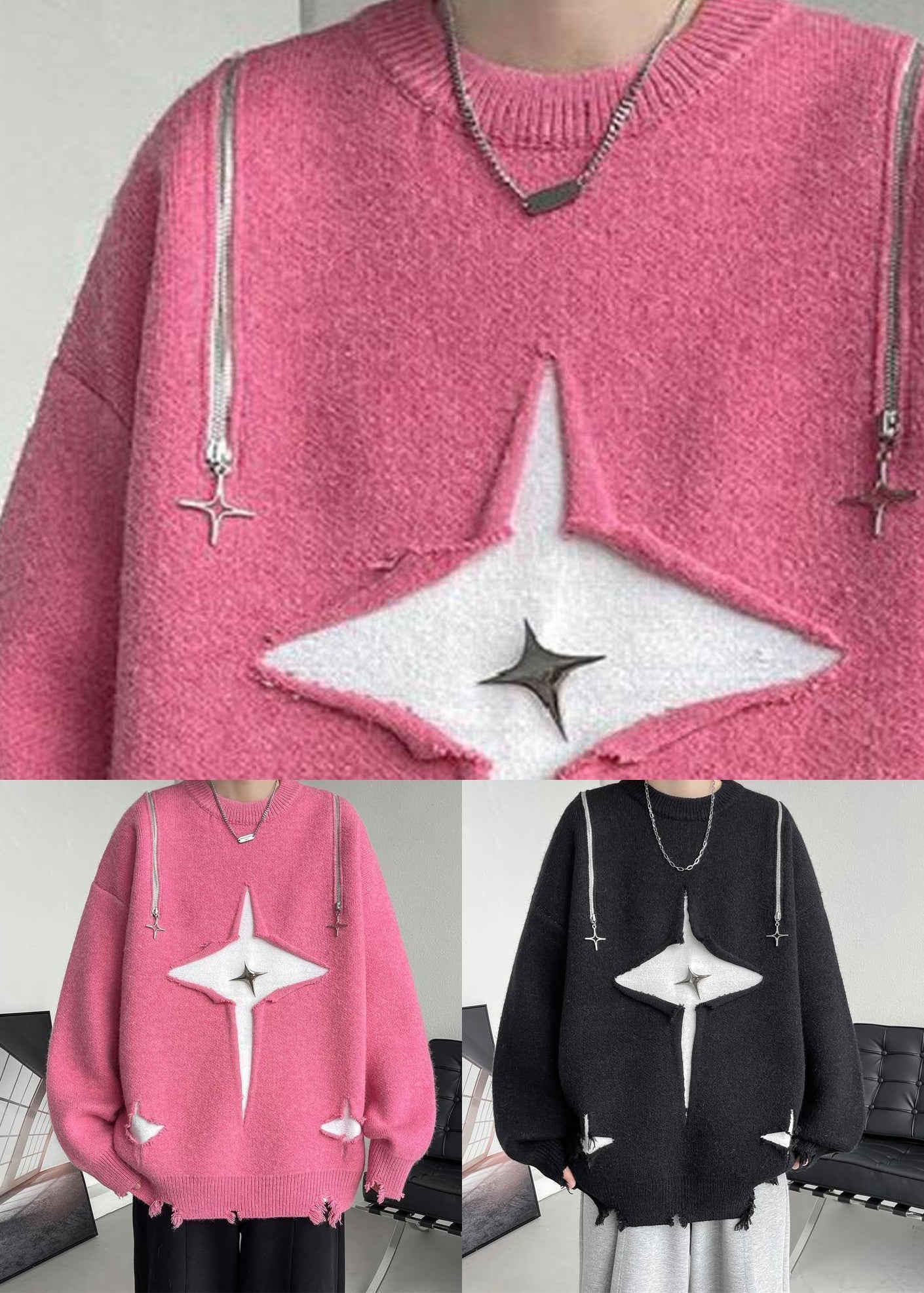 Black Hole Zippered Knit Fall Sweater O Neck Qh021