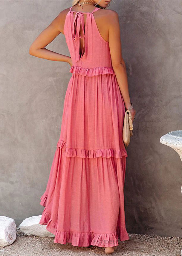 New Pink Ruffled Lace Up Cotton Long Dresses Sleeveless Tl017