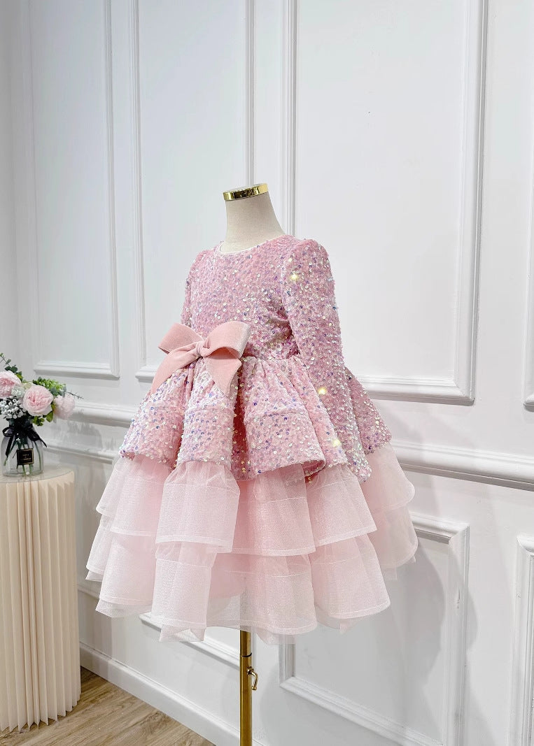 New Pink Sequins Tulle Patchwork Bow Maxi Dresses Spring Yg013
