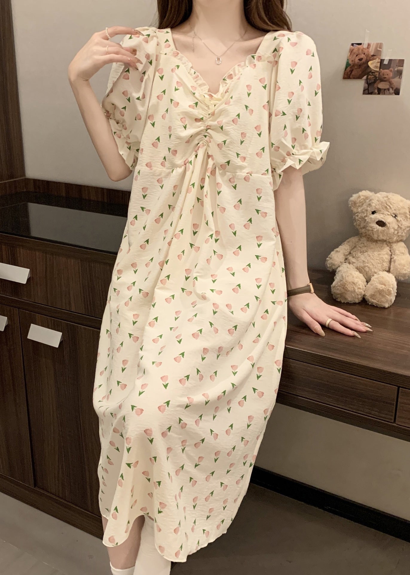 New Print Wrinkled Cotton Pajamas Long Dress Butterfly Sleeve Yk025