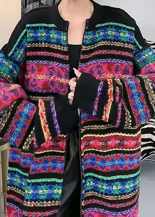 New Rainbow O-neck Zip Up Patchwork Knit Cardigans Fall Wn037