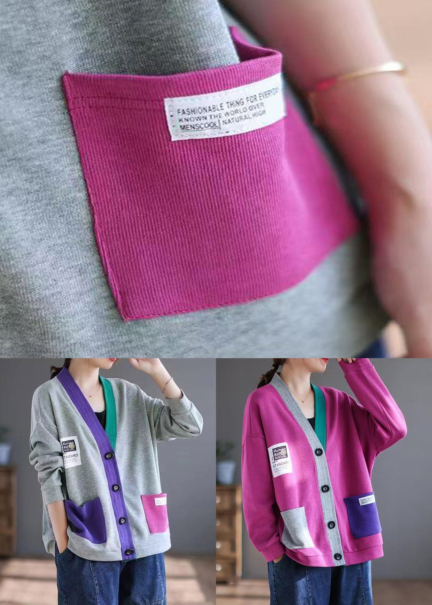 Rose Button Cardigan V Patchwork Spring Neck New Cotton