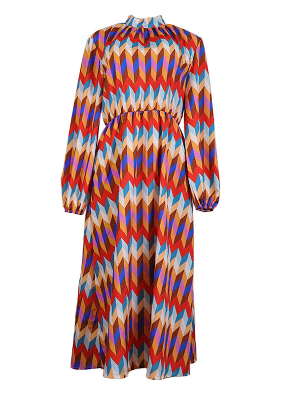 New Stand Collar Geometric Print Cotton Long Dresses Lantern Sleeve Qr011