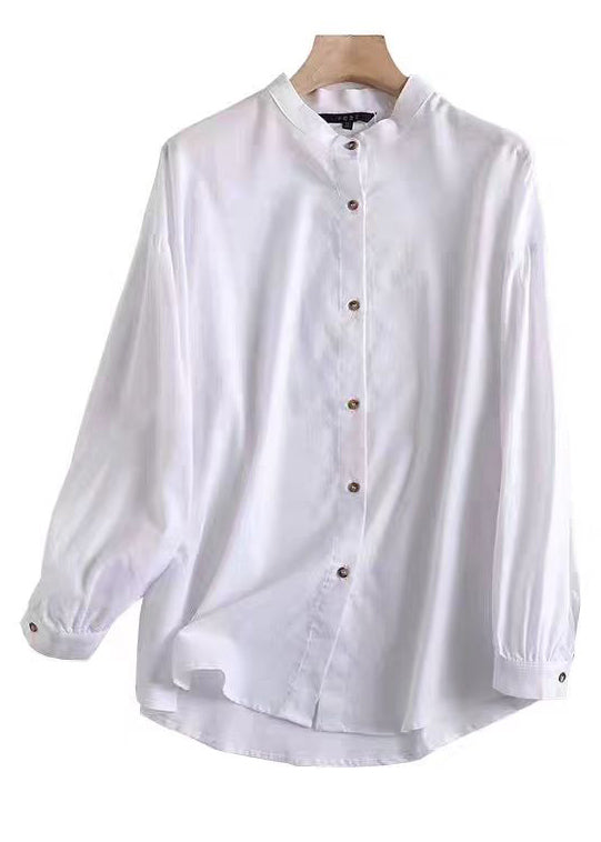 New White Stand Collar Button Cotton Blouses Long Sleeve Ff050