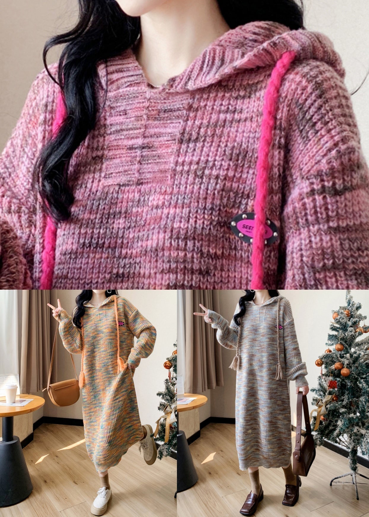 New Yellow Hooded Cozy Cotton Knit Sweater Dress Winter Rk033