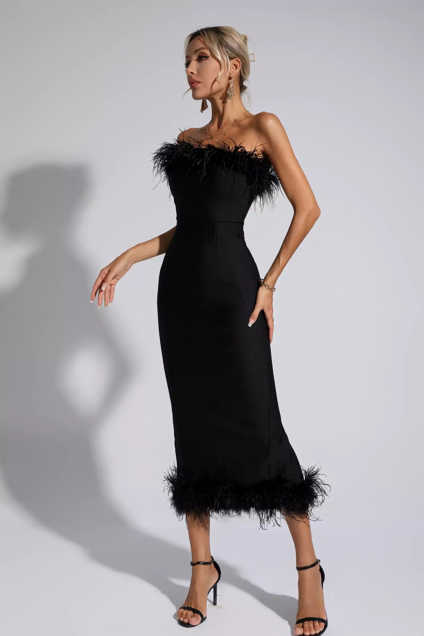 Noelle Black Feather Off-shoulder Maxi Dress