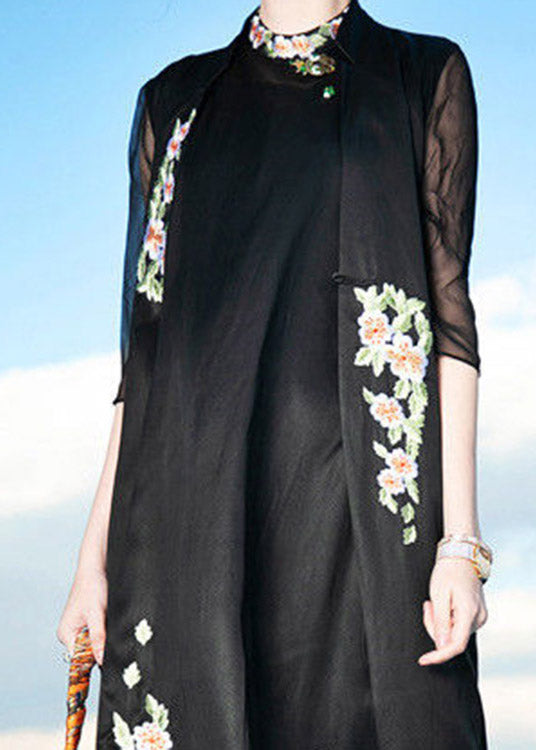 Novelty Black Stand Collar Embroideried Button Silk Maxi Dress Summer Ly1492