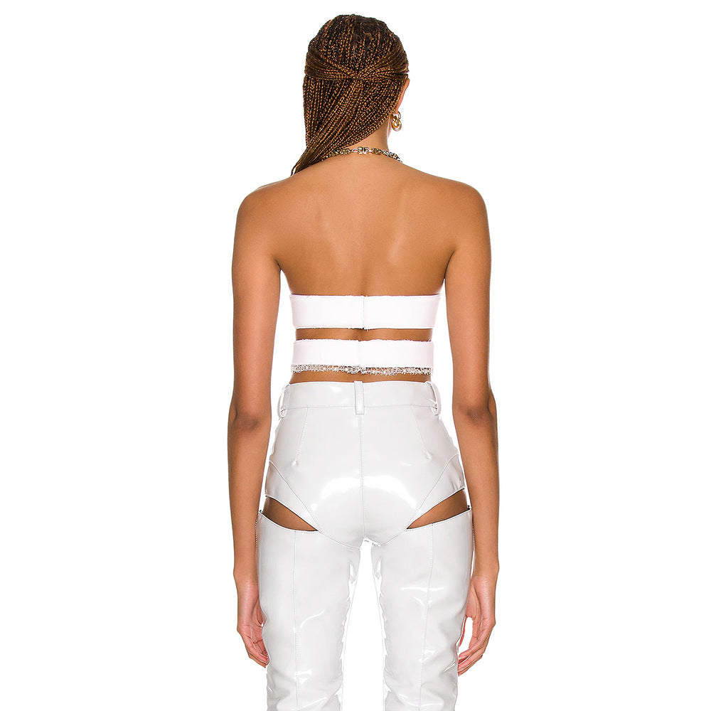 White Low Elastic Lace Lace Collared Blouse Open Faux Leather Hollow Out Cutout Out Trousers Stretch Two Piece Set Suit