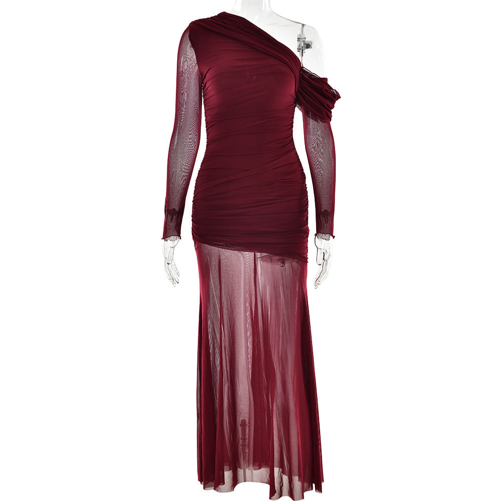 Dress Mesh Stitching Pleated Color Long Sleeve Slim Fit Maxi Dress
