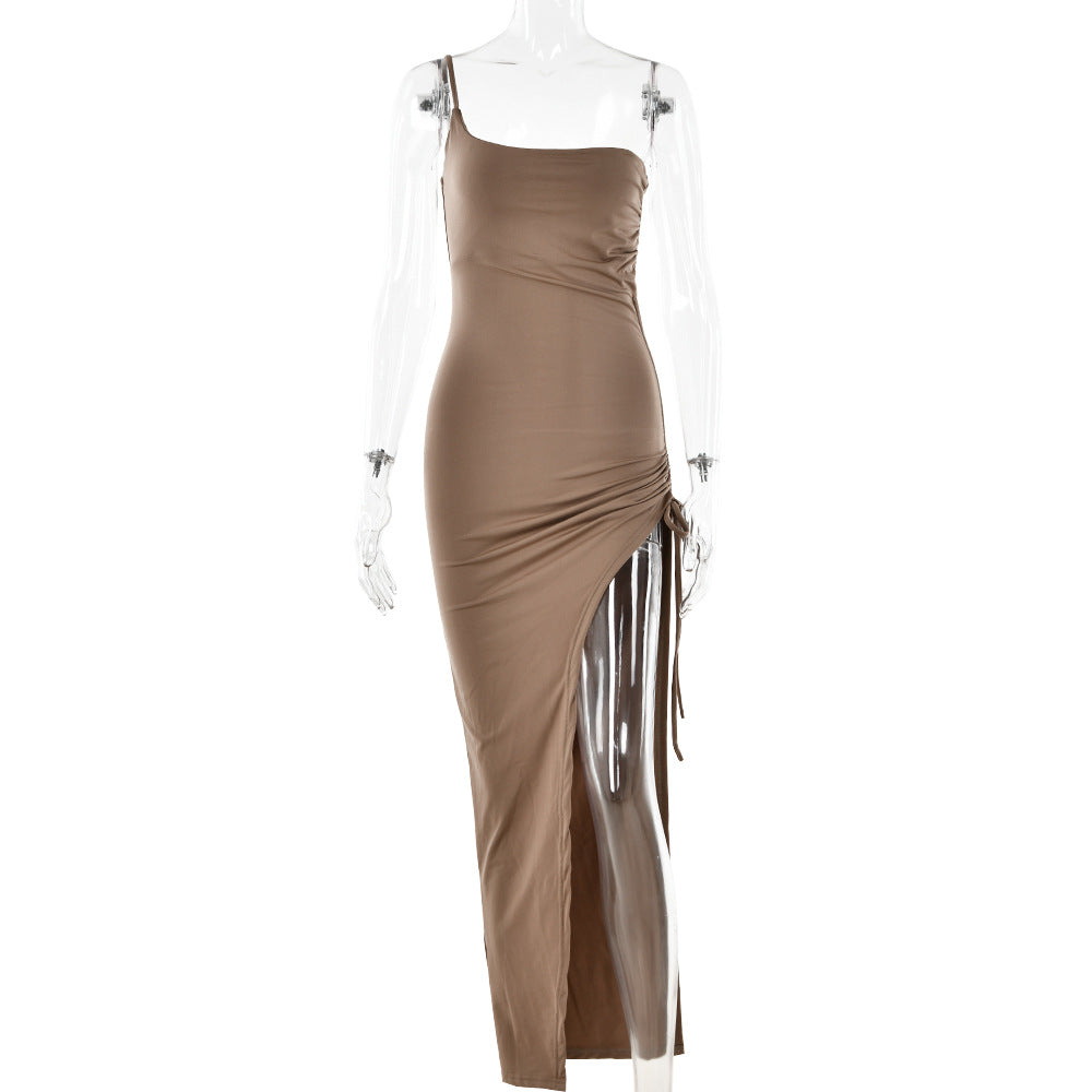 Spring Single Shoulder Cami Dress Tight Ruched High Split Maxi Dress for
