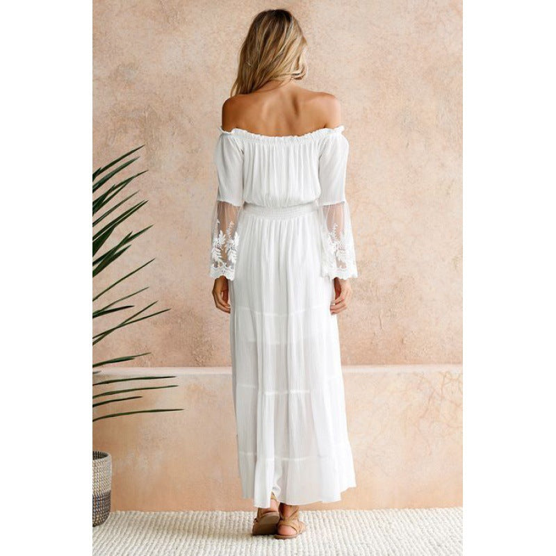 Off Shoulder Lace Patchwork Flared Sleeves Dress Maxi Dress