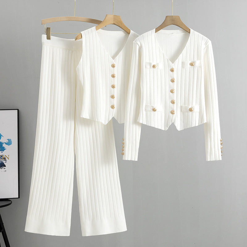 Korean Slim Fit Chanel Wide Leg Pants Sweater Three Piece Set Spring Autumn Vest Knitted Cardigan Suit