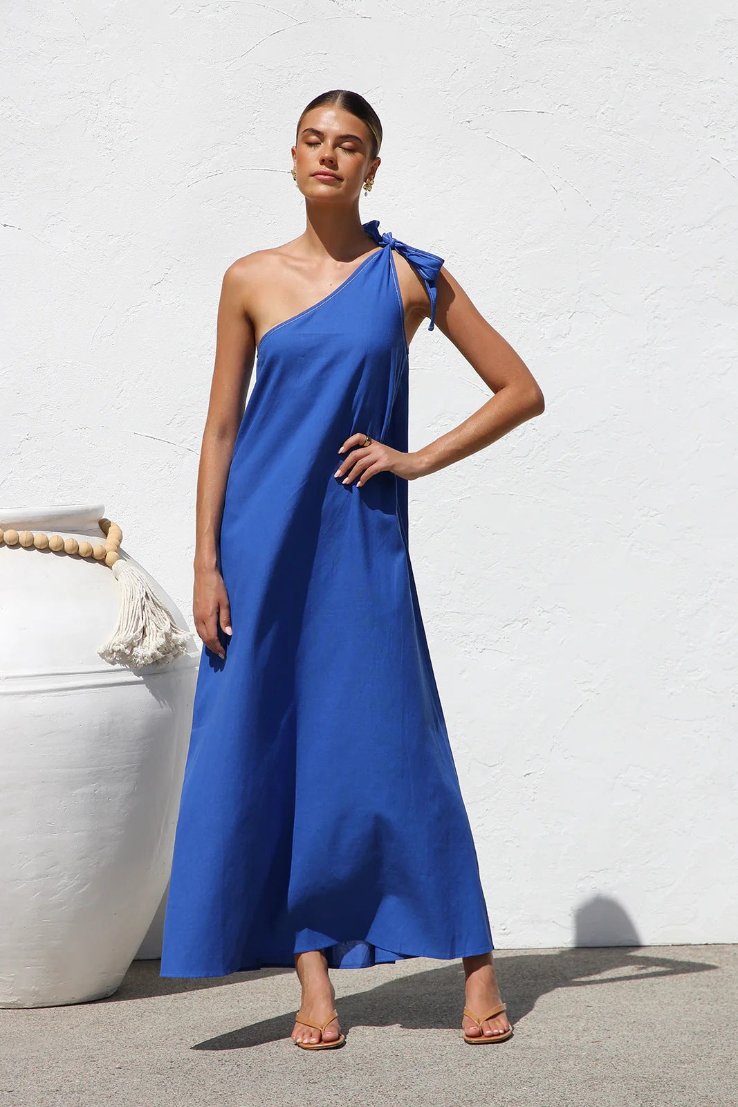 Summer Shoulder Lace Up Color a Swing Maxi Dress