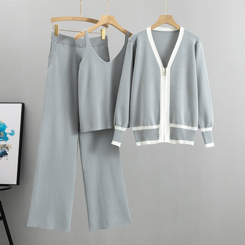Spring Autumn Clothing Suit Tide Knitted Cardigan Sling Wide Leg Pants Three Piece Suit Suit