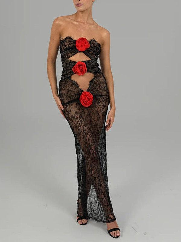 Lace Rose Tube Cutout See Through Maxi Dress