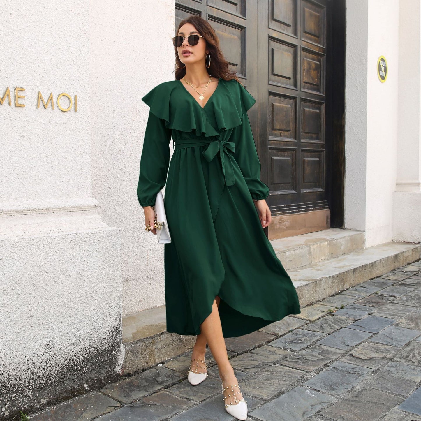 Ruffled V Neck Long Sleeve Dress Wrap Split Expansion Maxi Dress Clothing