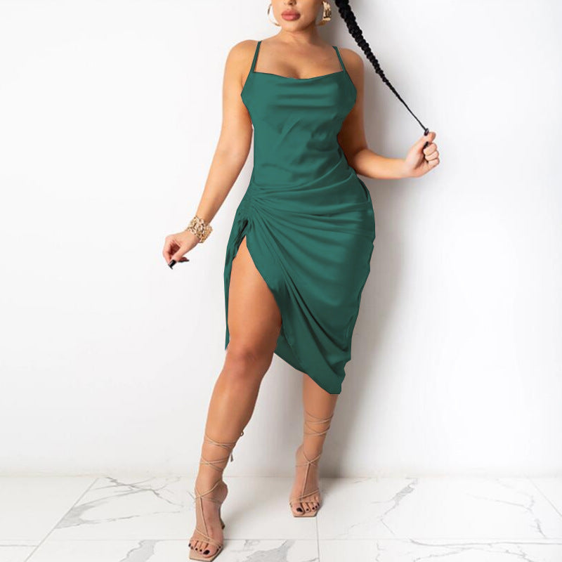 Summer Clothes Lacing Split Pleating Sling Maxi Dress