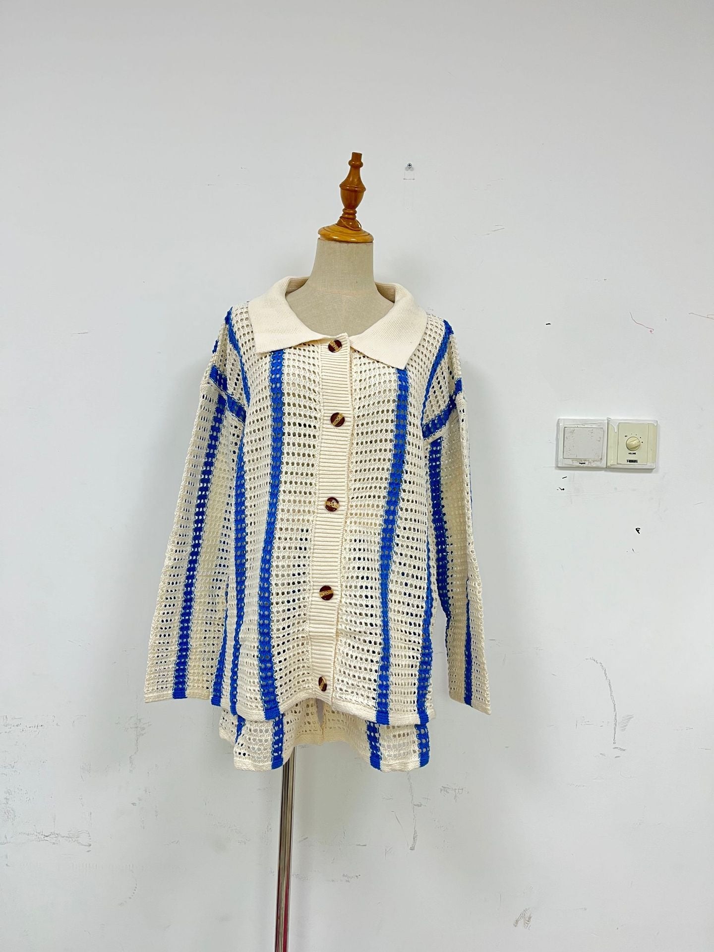 Autumn Sweet Striped Hollow Out Cutout Two Piece Knitted Cardigan Coat