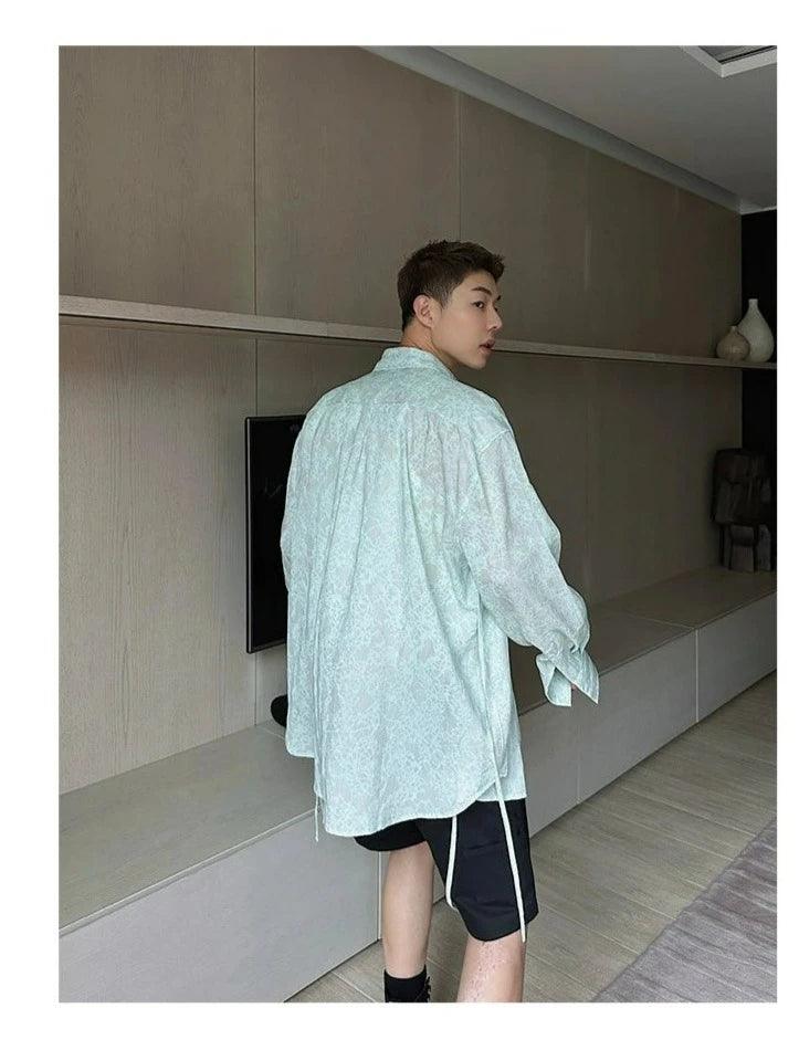 Weave Studio Mint Green Jacquard Oversized Shirt - Long Sleeve Button-up Blouse