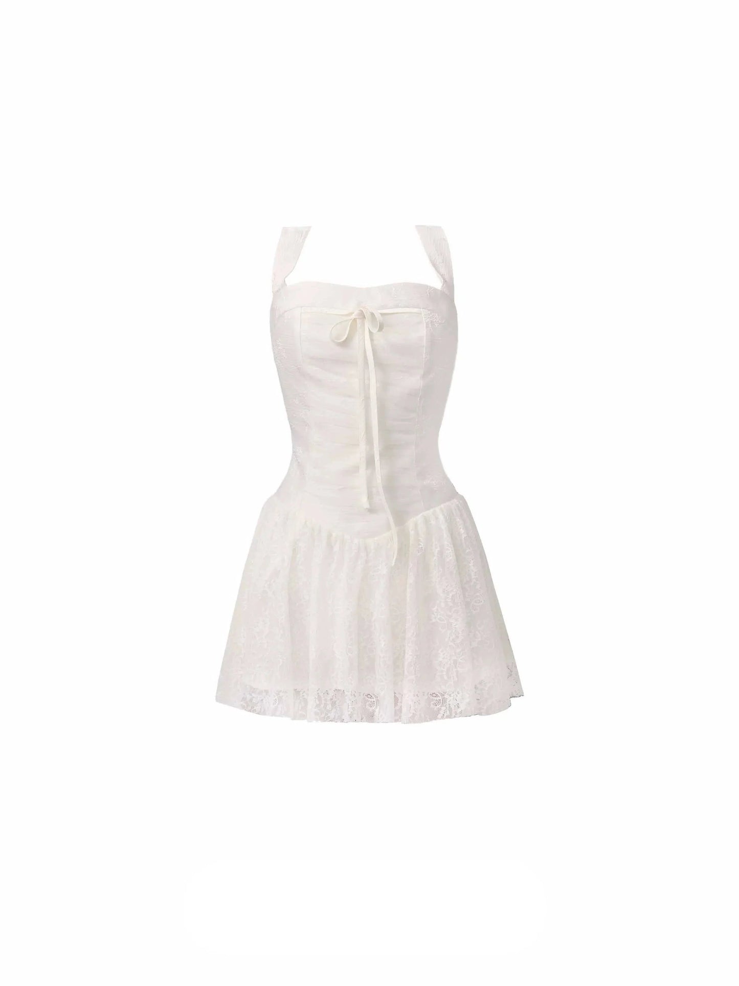 Romantic White Lace Halter Mini Dress With Front Tie