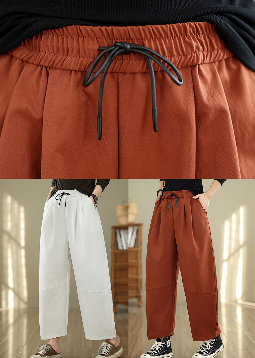 White Pockets Drawstring Cotton Pants Fall Qo048