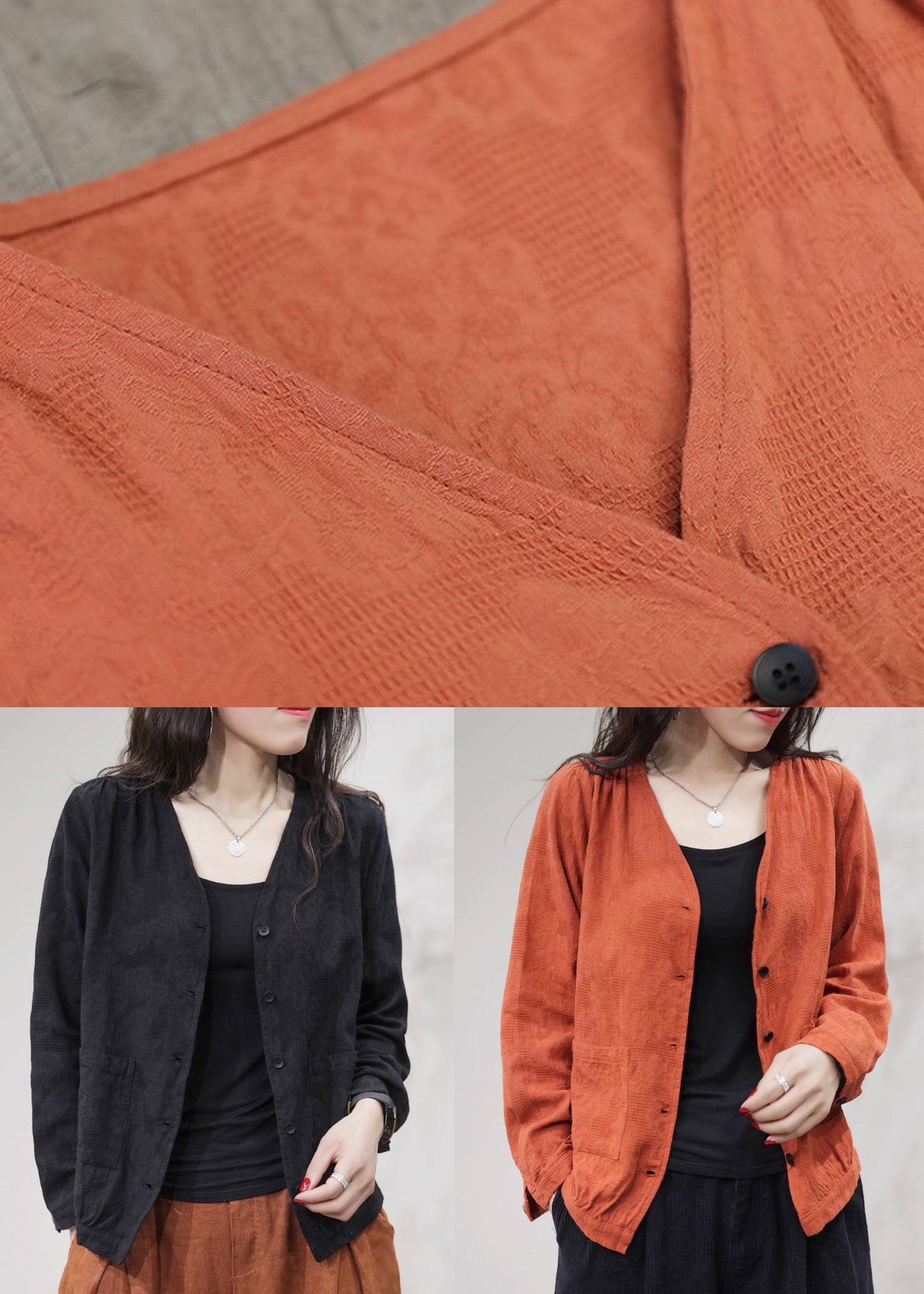 Orange Pockets Cotton Coat Coats V Neck Fall Ff029