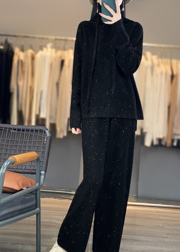 Organic Black Hooded Sweaters and Pants Woolen Two Pieces Set Fall Wv018