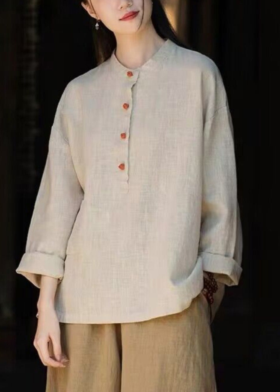 Organic Tea Green Stand Collar Linen Blouse Tops Long Sleeve Lk006