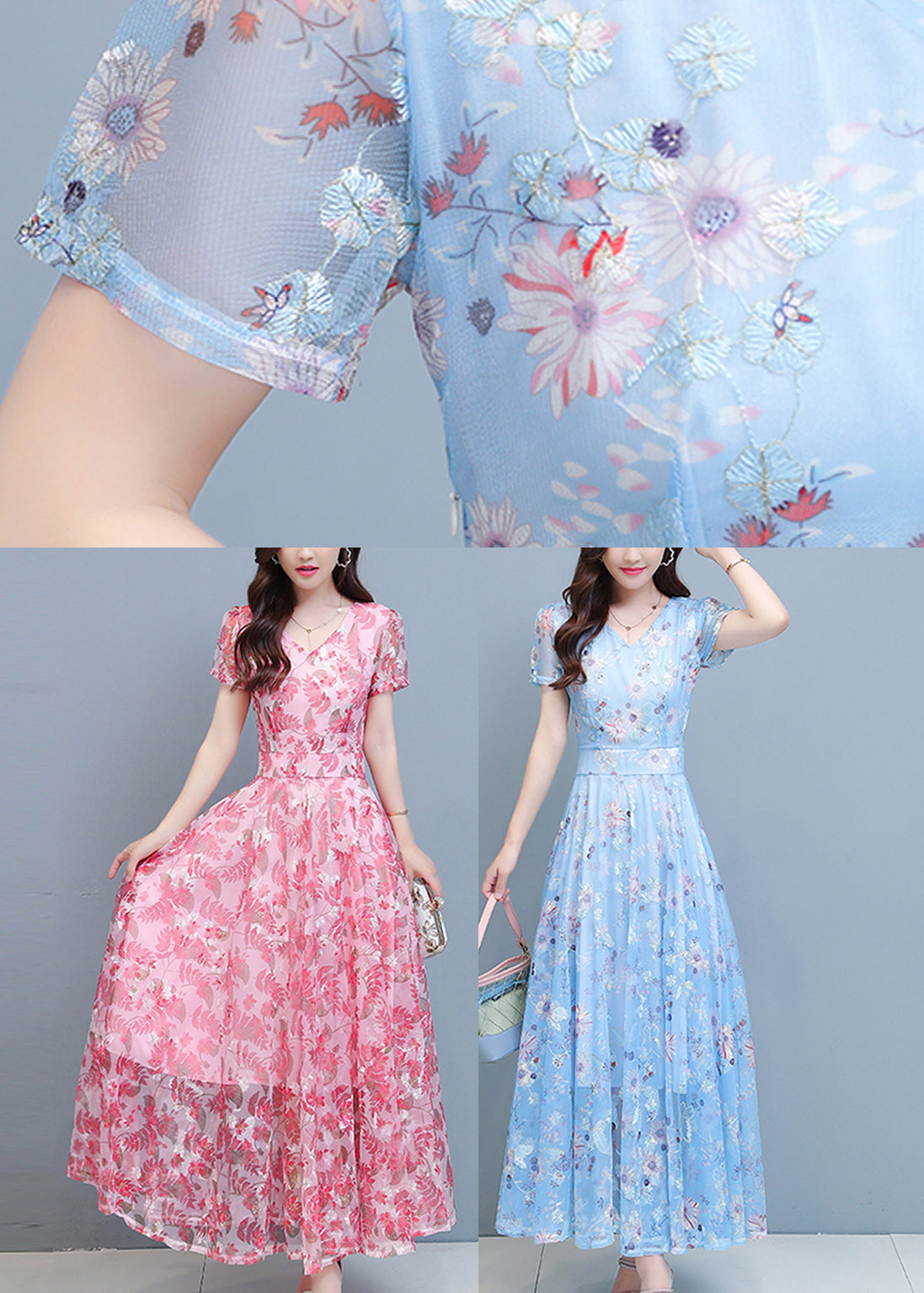 Pink Chiffon Holiday Maxi Dresses Short Sleeve Ly1699