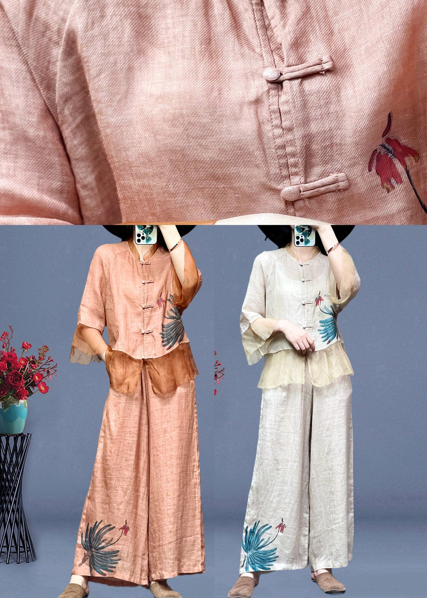 Apricot Stand Collar Tulle Patchwork Linen Shirts and Wide Leg Pants Two Pieces Set Long Sleeve Ti1023