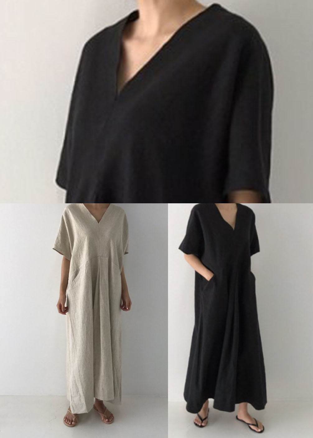 Black V Neck Oversized Linen Long Dress Short Sleeve Ly1328