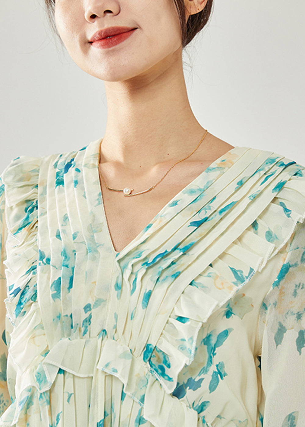 Blue Print Patchwork Ruffles Wrinkled Chiffon Long Dress Spring Ly1815