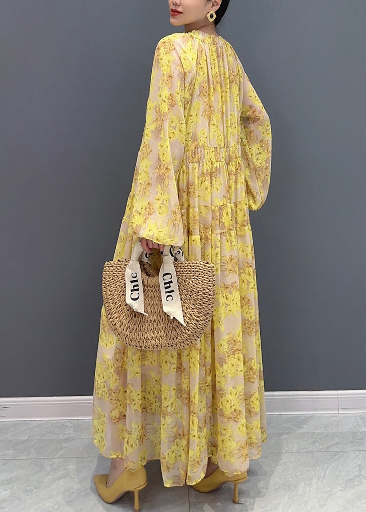 Yellow V Neck Ruffled Print Chiffon Long Dresses Fall Ao1069