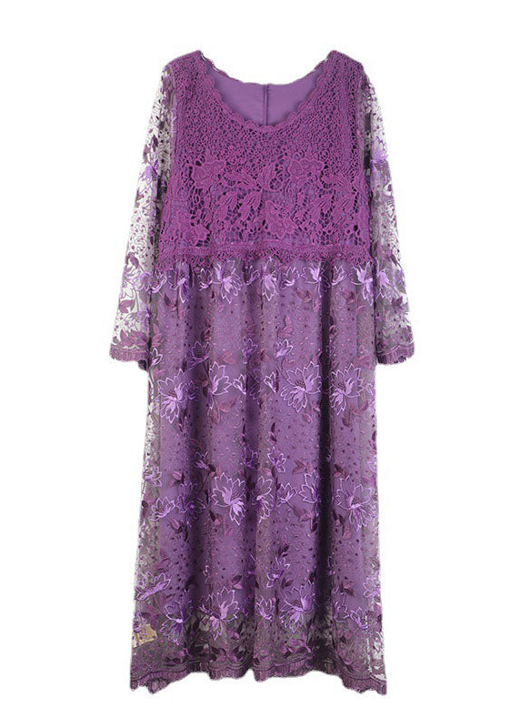Purple Hollow Out Lace Patchwork Maxi Dresses O Neck Spring Ly0017