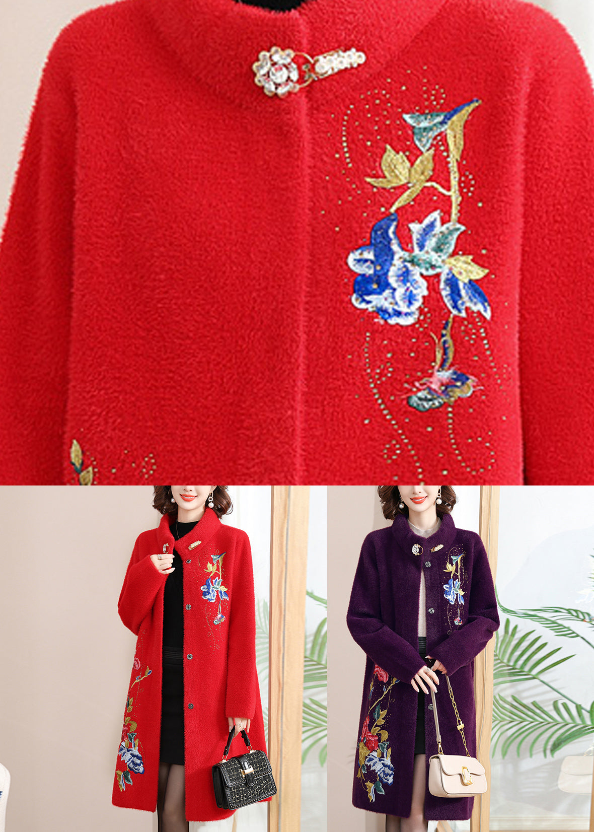Purple Print Button Maxi Woolen Coats Spring Ta031