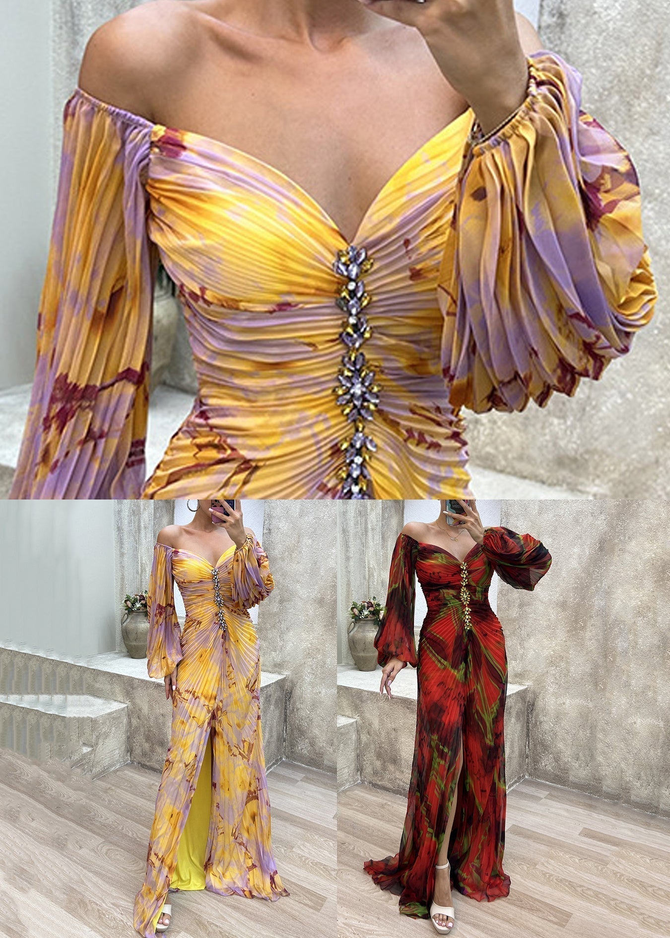 French Yellow Wrinkled Zircon Cotton Maxi Dresses Spring Ww1054
