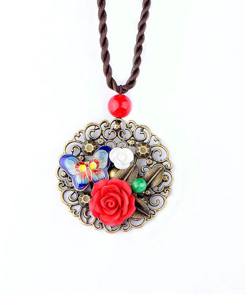 Retro Red Butterfly Hollow Out Metal Pendant Necklace