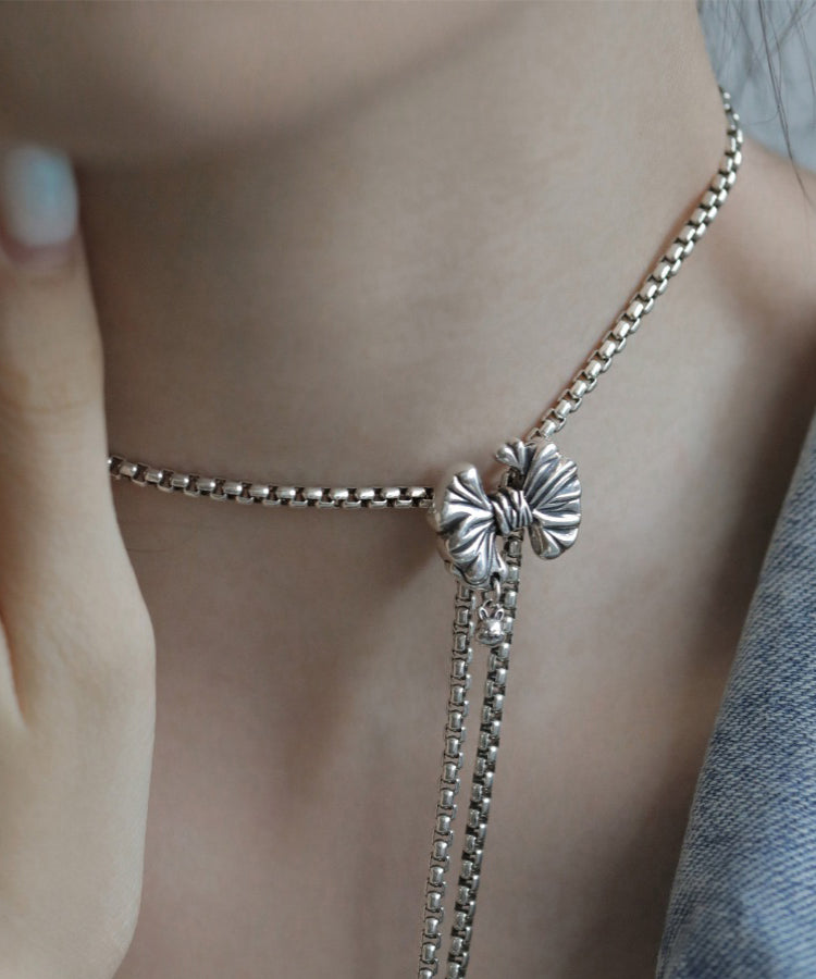 Retro Silk Sterling Silver Bow Tassel Pendant Necklace Gh1072
