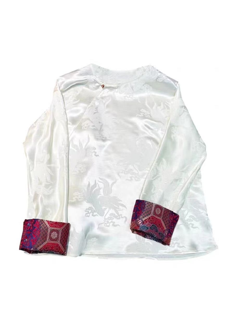 Retro White O Neck Jacquard Silk Blouses Long Sleeve Bb025