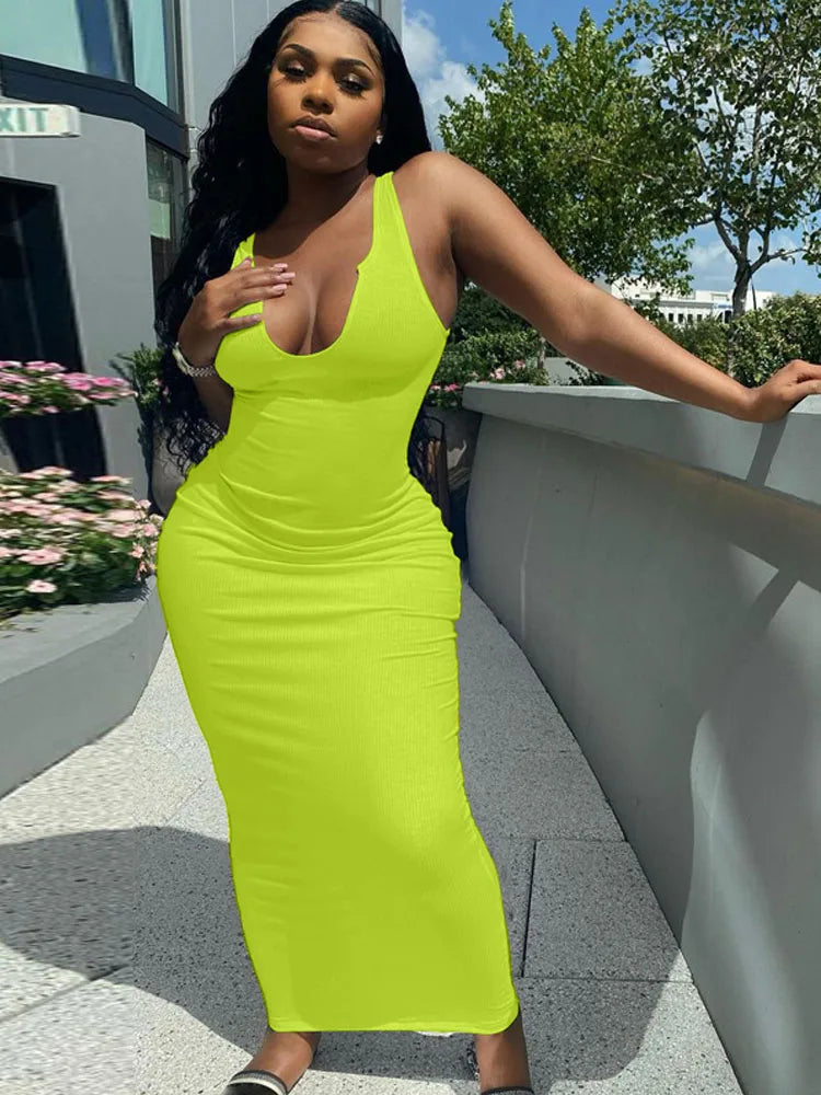 Ribbed Knitted Stripe V Neck Club Summer Midi Dresses